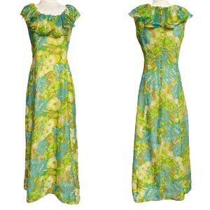 60s 70s Vintage Floral Maxi Dress Ruffle Neckline Collar Floorlength A-line.